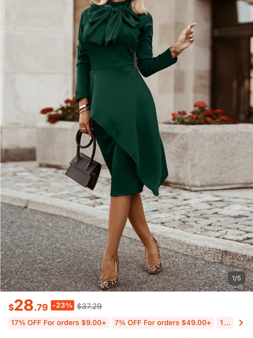 Emerald Green Bow-Accent Wrap Midi Dress